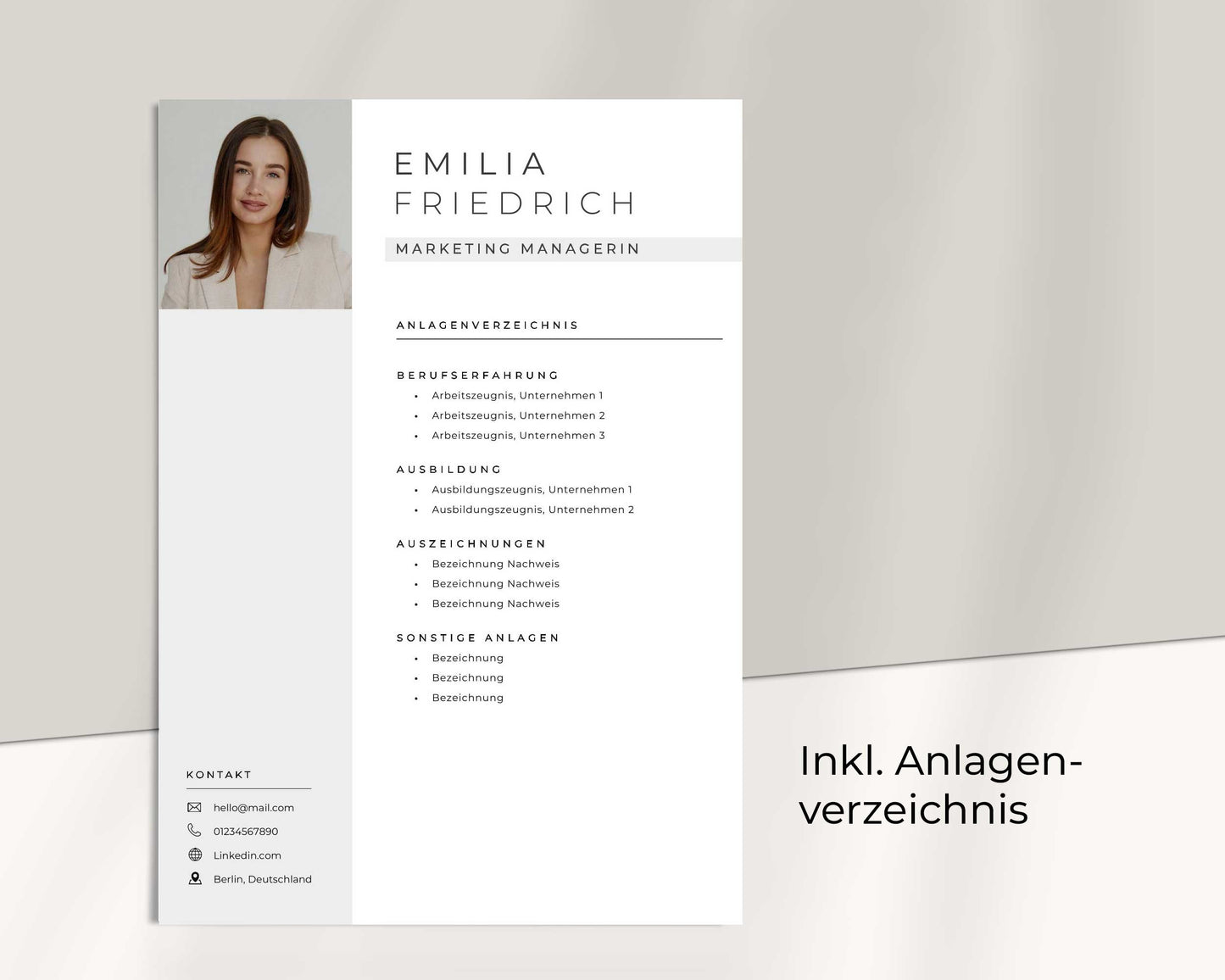 Anlagenverzeichnis Bewerbung