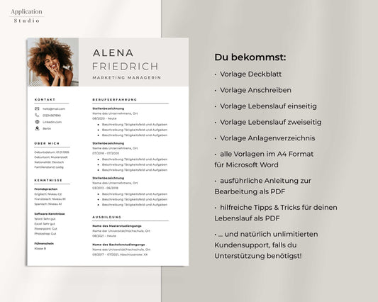 Bewerbungsvorlage "Alena Friedrich" - Professionelles Muster für Microsoft Word inkl. Vorlage Lebenslauf und Anschreiben