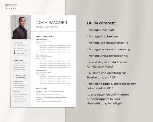 Bewerbungsvorlage "Noah Wagner" - Professionelles Muster für Microsoft Word inkl. Vorlage Lebenslauf und Anschreiben