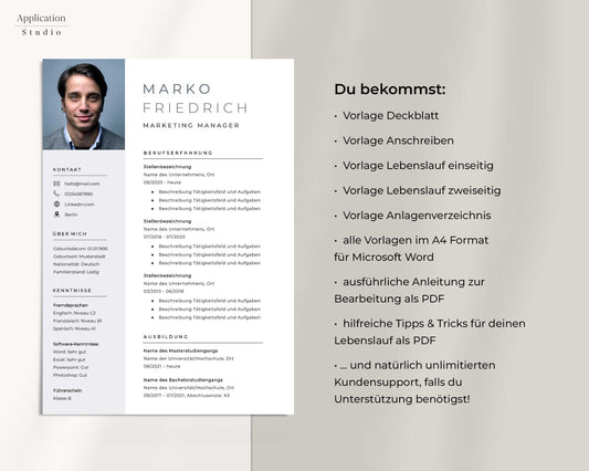 Bewerbungsvorlage "Marko Friedrich" - Professionelles Muster für Microsoft Word inkl. Vorlage Lebenslauf und Anschreiben