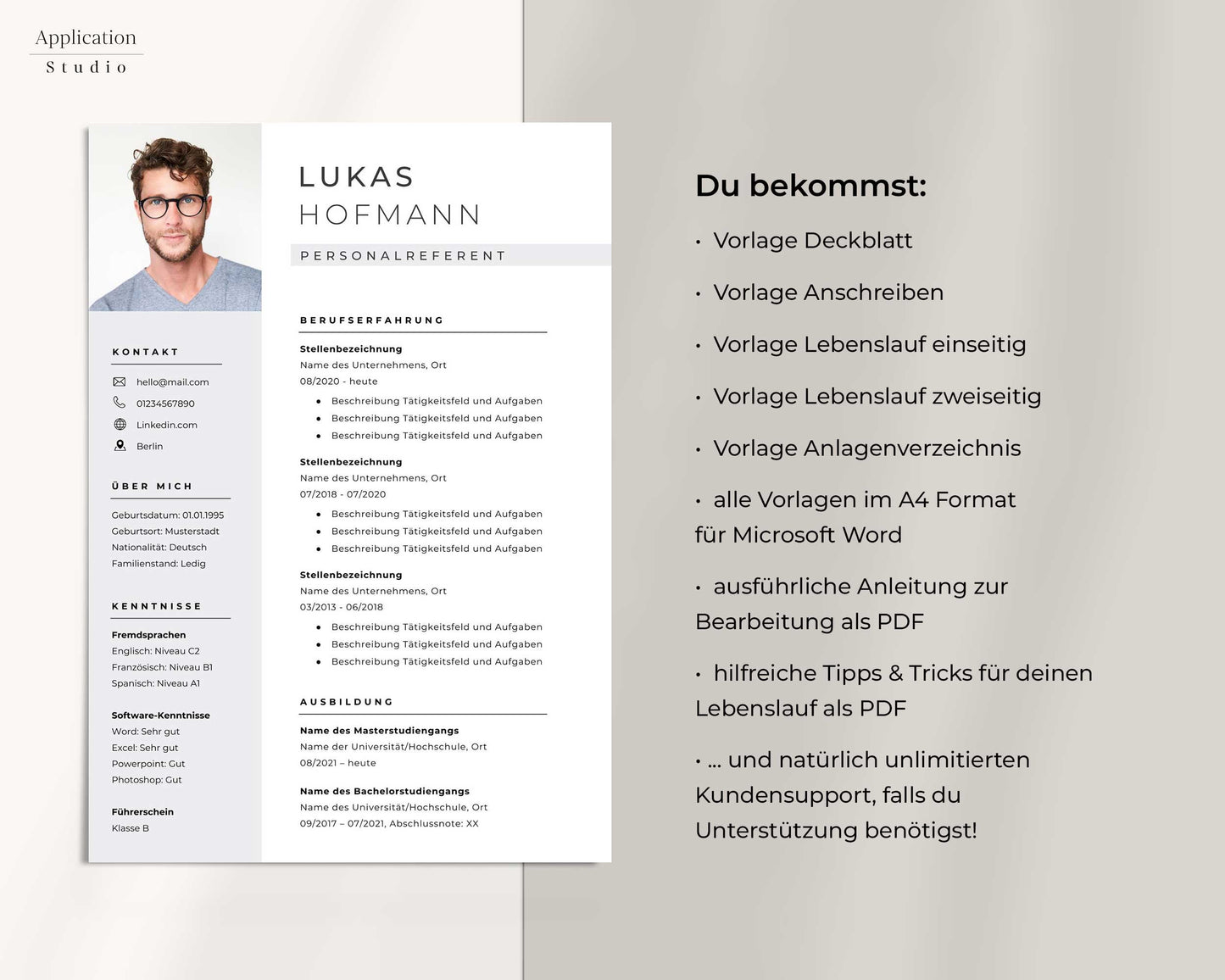 Moderne Bewerbungsvorlage "Lukas Hofmann" - für Microsoft Word mit Anleitung