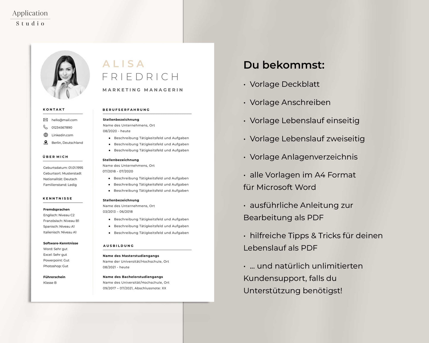 Bewerbungsvorlage "Alisa Friedrich" - Professionelles Muster für Microsoft Word inkl. Vorlage Lebenslauf und Anschreiben