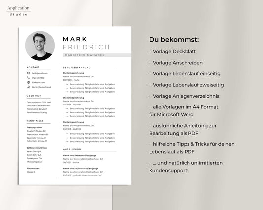 Bewerbungsvorlage "Mark Friedrich" - Professionelles Muster für Microsoft Word inkl. Vorlage Lebenslauf und Anschreiben