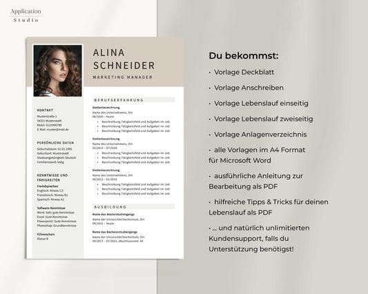 Bewerbungsvorlage "Alina Schneider" - Professionelles Muster für Microsoft Word inkl. Vorlage Lebenslauf und Anschreiben