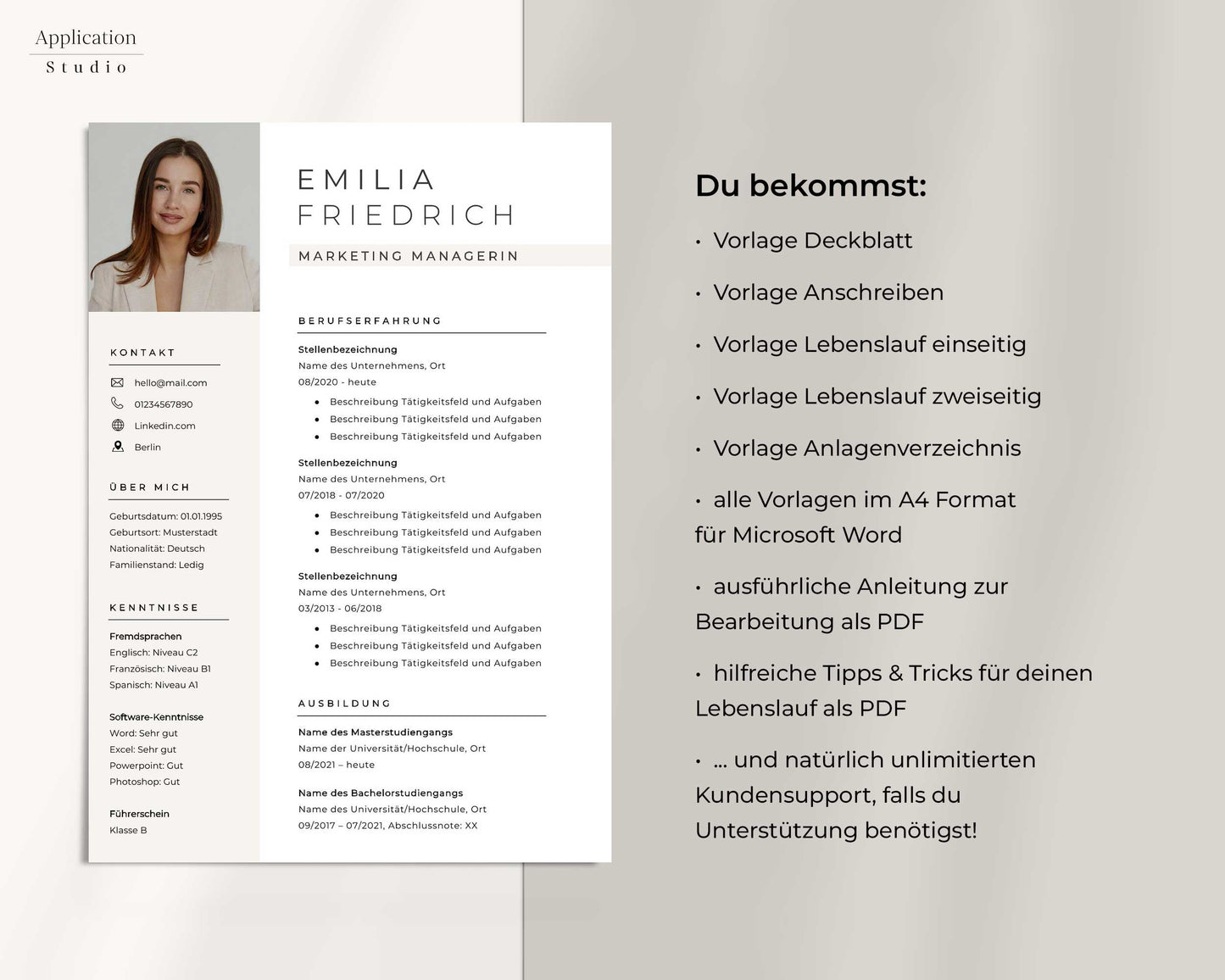 Moderne Bewerbungsvorlage "Emilia Friedrich" - für Microsoft Word mit Anleitung