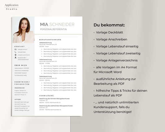 Bewerbungsvorlage "Mia Schneider" - für Microsoft Word mit Anleitung