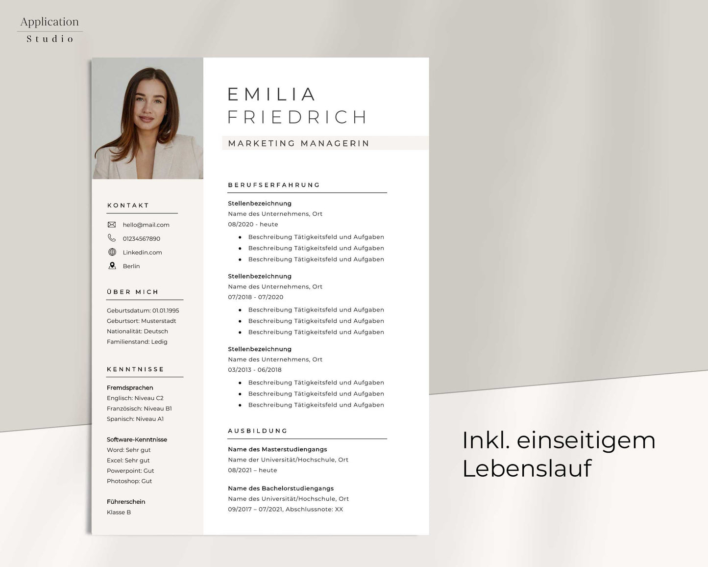 Moderne Bewerbungsvorlage "Emilia Friedrich" - für Microsoft Word mit Anleitung