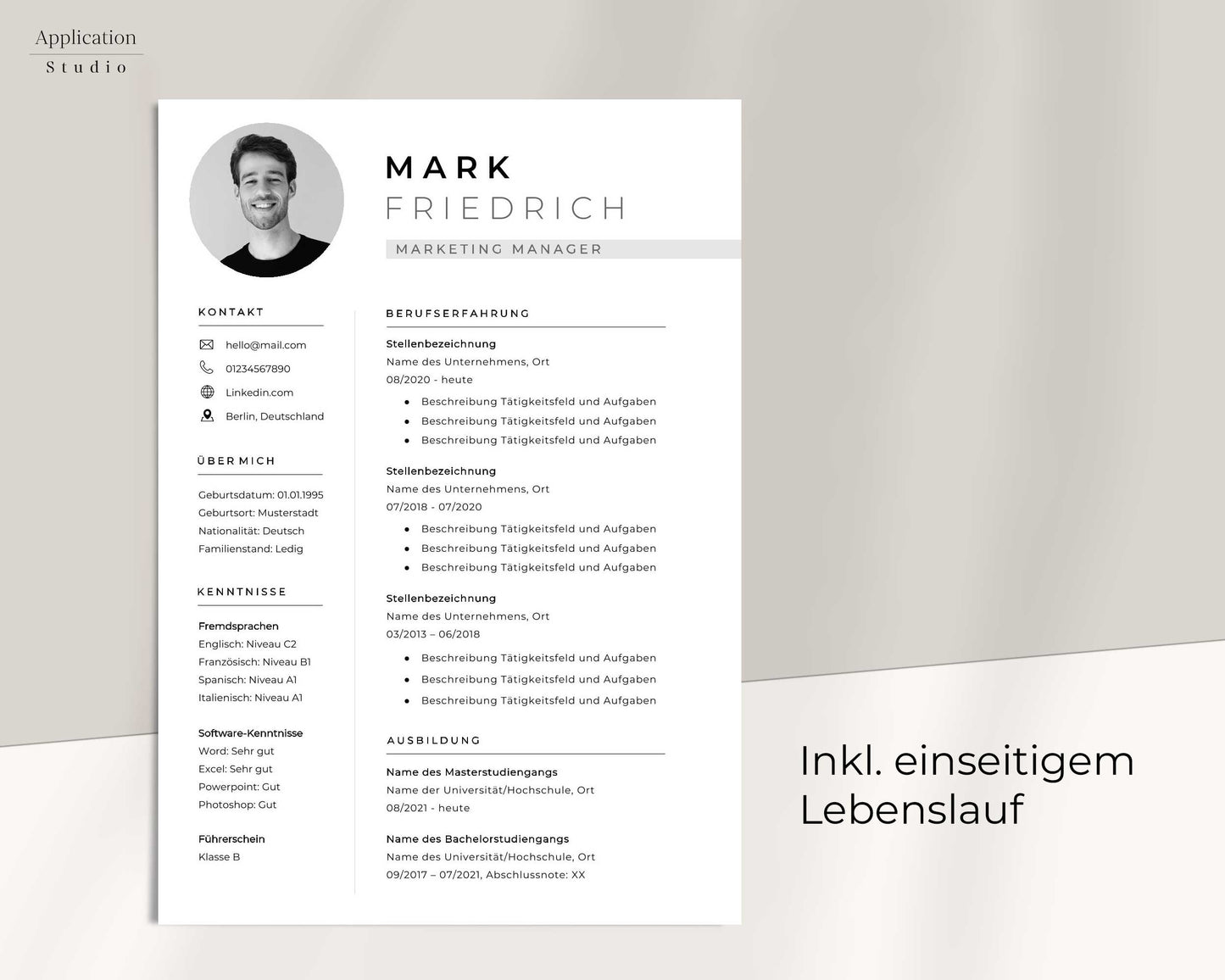 Bewerbungsvorlage "Mark Friedrich" - Professionelles Muster für Microsoft Word inkl. Vorlage Lebenslauf und Anschreiben