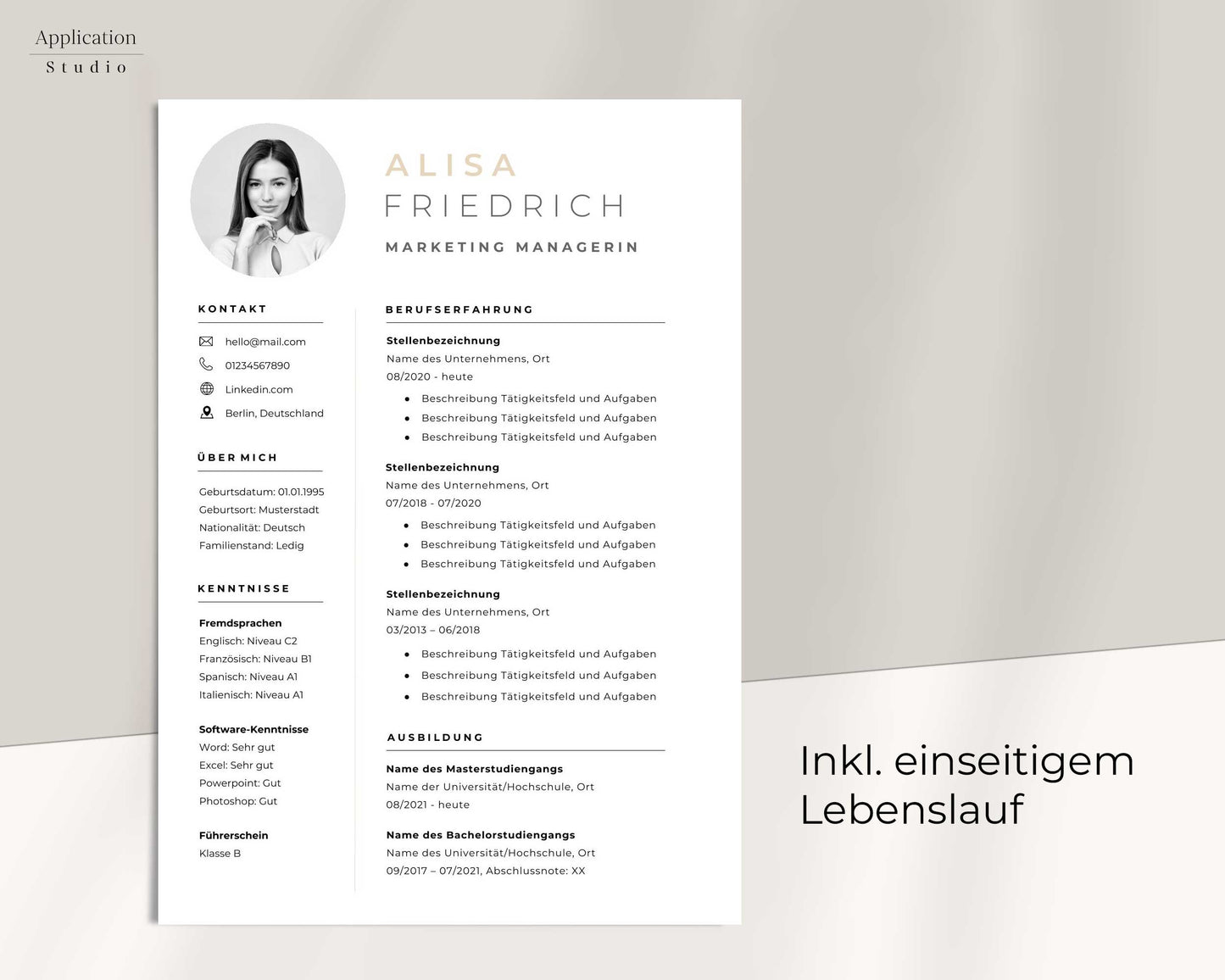 Bewerbungsvorlage "Alisa Friedrich" - Professionelles Muster für Microsoft Word inkl. Vorlage Lebenslauf und Anschreiben