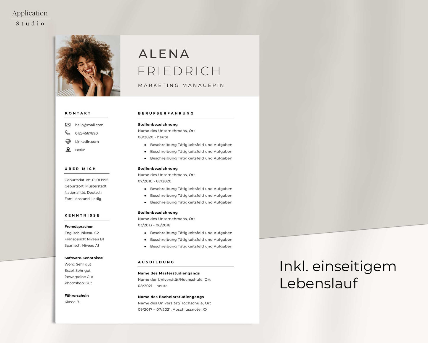 Bewerbungsvorlage "Alena Friedrich" - Professionelles Muster für Microsoft Word inkl. Vorlage Lebenslauf und Anschreiben