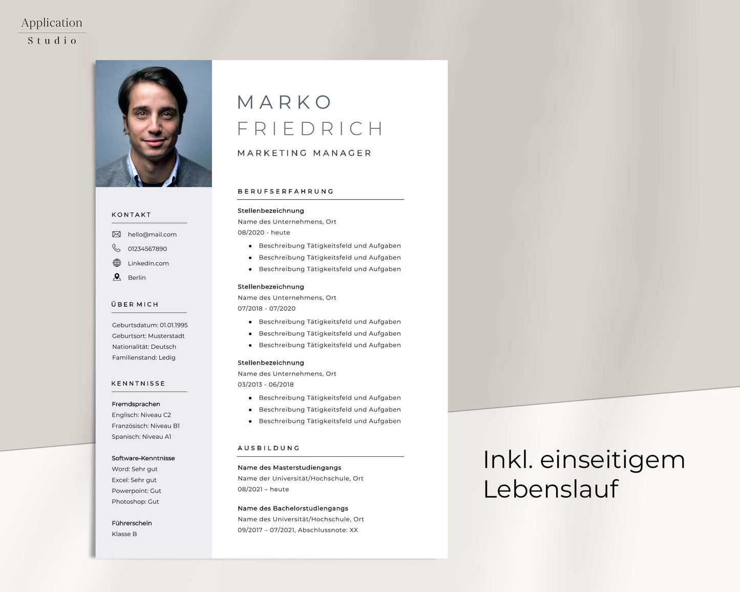 Bewerbungsvorlage "Marko Friedrich" - Professionelles Muster für Microsoft Word inkl. Vorlage Lebenslauf und Anschreiben