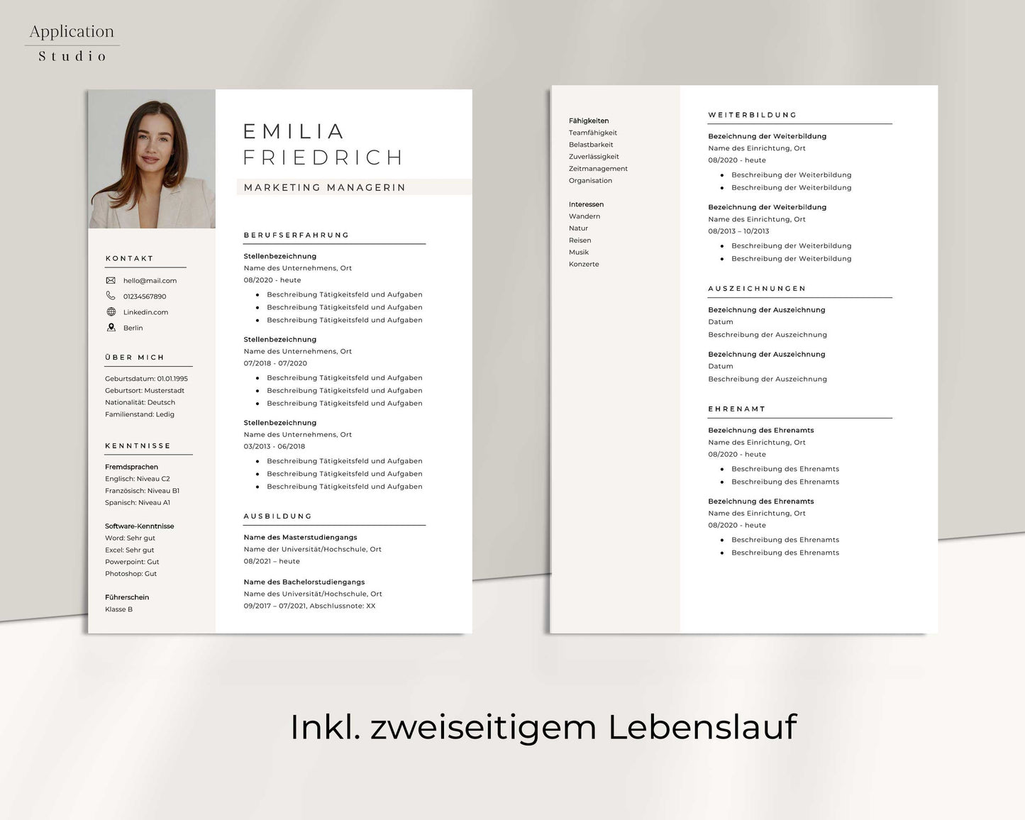 Moderne Bewerbungsvorlage "Emilia Friedrich" - für Microsoft Word mit Anleitung