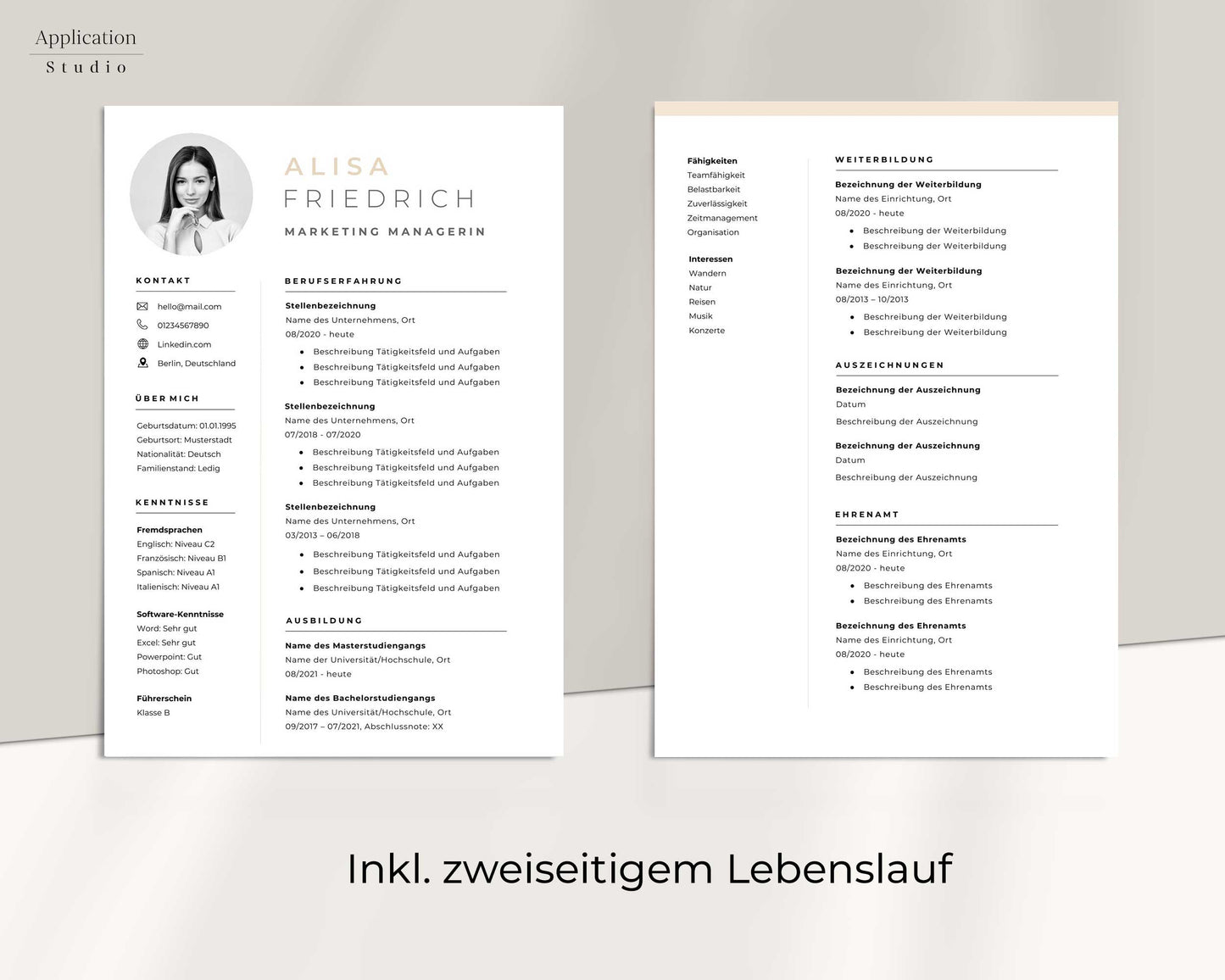 Bewerbungsvorlage "Alisa Friedrich" - Professionelles Muster für Microsoft Word inkl. Vorlage Lebenslauf und Anschreiben