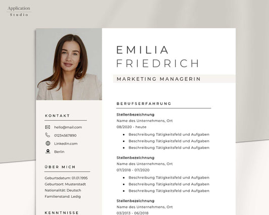 Moderne Bewerbungsvorlage "Emilia Friedrich" - für Microsoft Word mit Anleitung