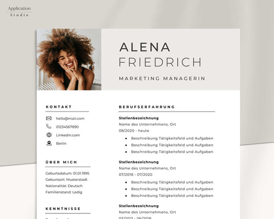 Bewerbungsvorlage "Alena Friedrich" - Professionelles Muster für Microsoft Word inkl. Vorlage Lebenslauf und Anschreiben