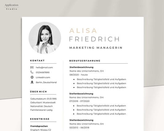 Bewerbungsvorlage "Alisa Friedrich" - Professionelles Muster für Microsoft Word inkl. Vorlage Lebenslauf und Anschreiben